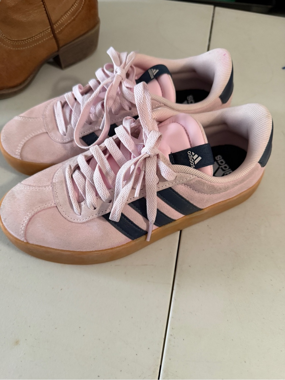adidas Pink Suede Sneakers with Navy Stripes and Gum Sole